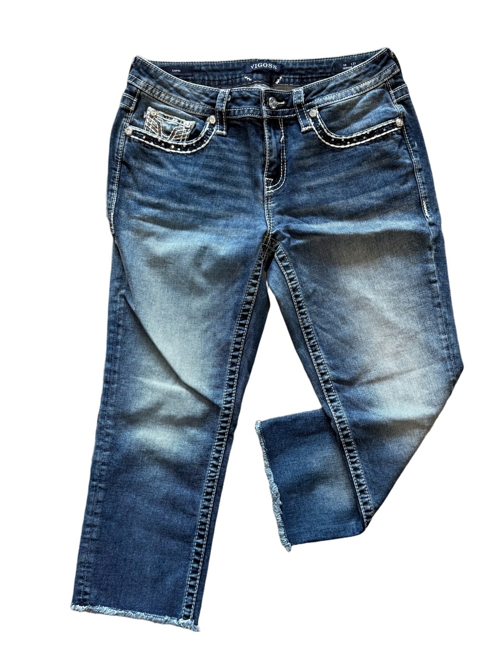 VIGOSS Raw Hem Capri Jeans | Embellished Pockets | Size 8